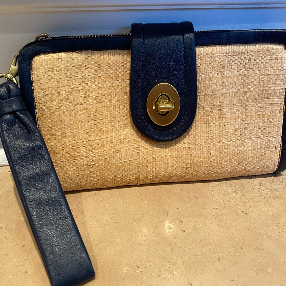Coach straw and leather clutch